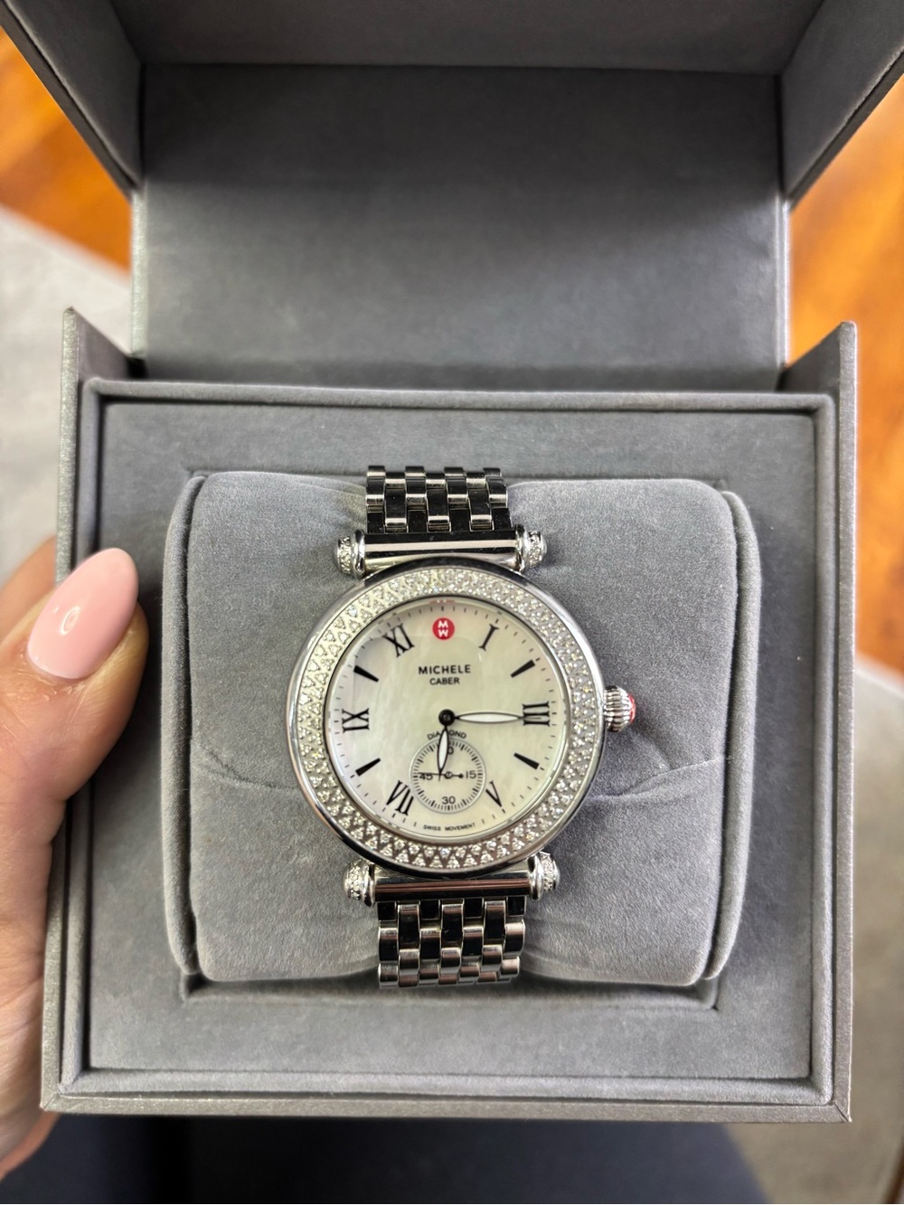 Michele Silver Stainless Steel Diamond Bezel Watch with Mother-of-Pearl Dial